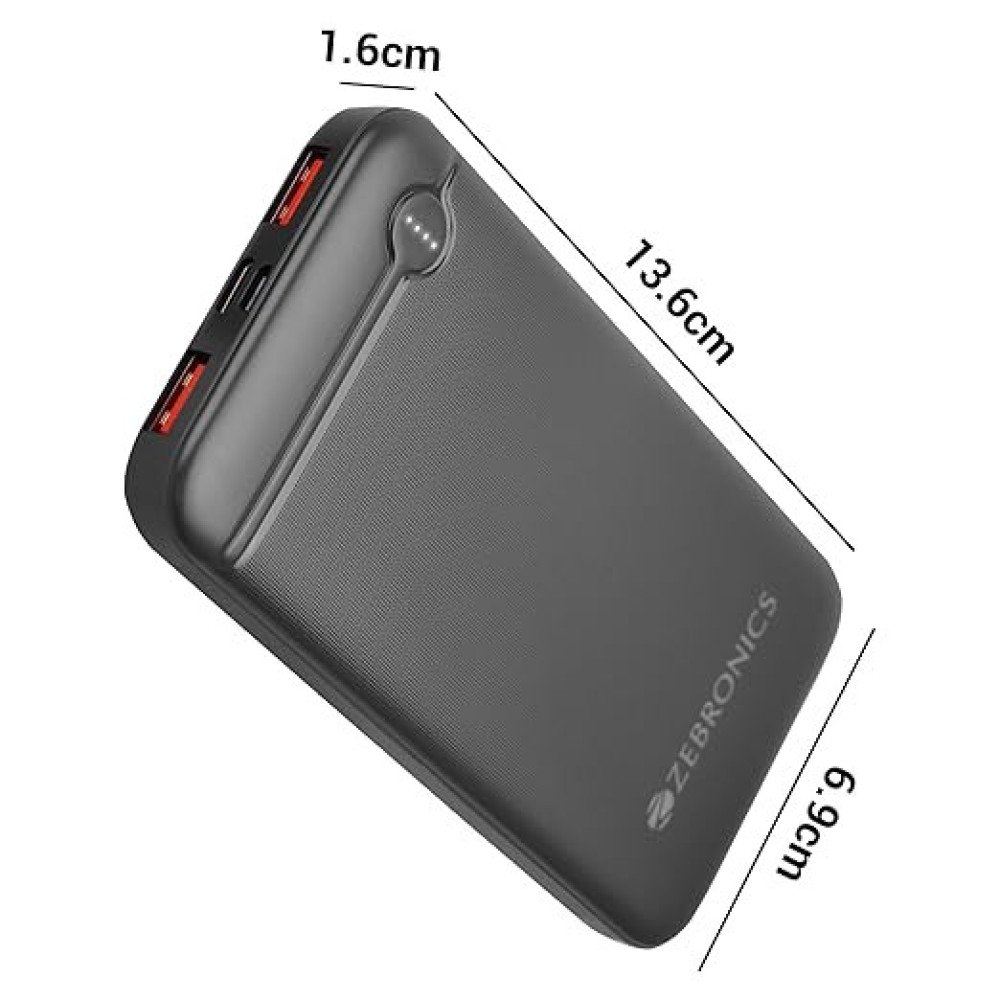 ZEBRONICS MB10000S4 Power Bank, 10000 mAh, 12W, Dual USB Output, Type C & Micro USB Input